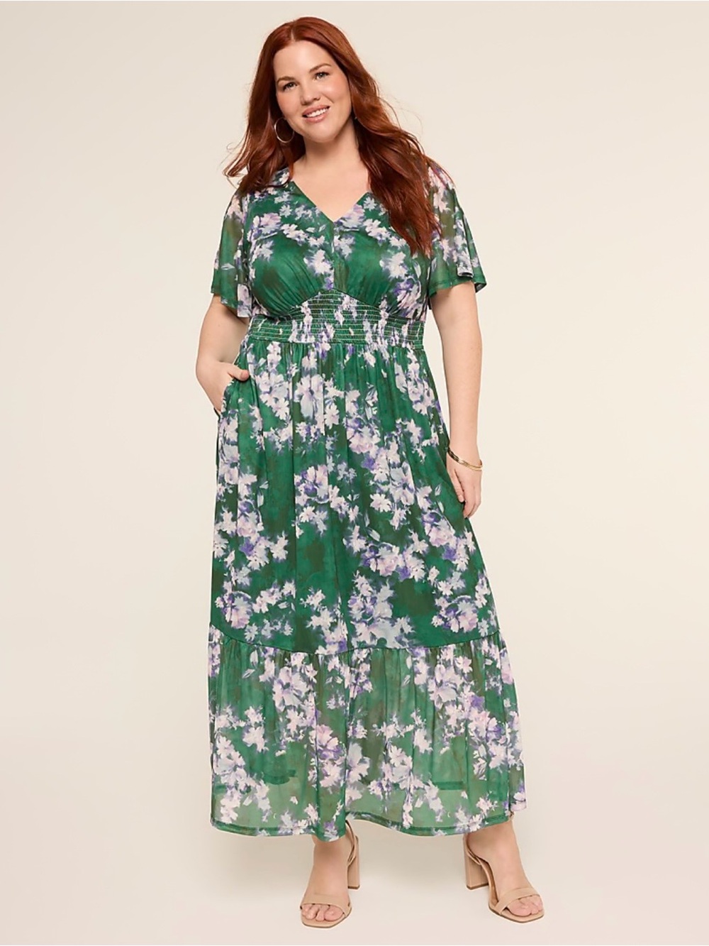 Lane Bryant Short-Sleeve V-Neck Smocked Maxi Dress